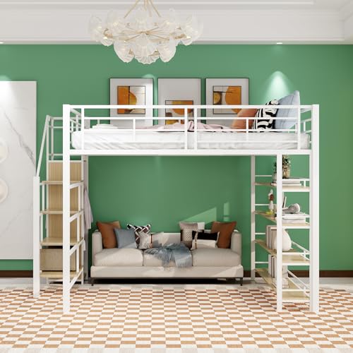 Oxtao Hochbett 140x200CM, Doppelbett mit Sicherheitstreppe & Stauraum & kleinem Kleiderschrank & Einlegeböden, mit Rausfallschutz hohes Zaundesign, Jugendbett(Weiß, 140x200CM) von Oxtao