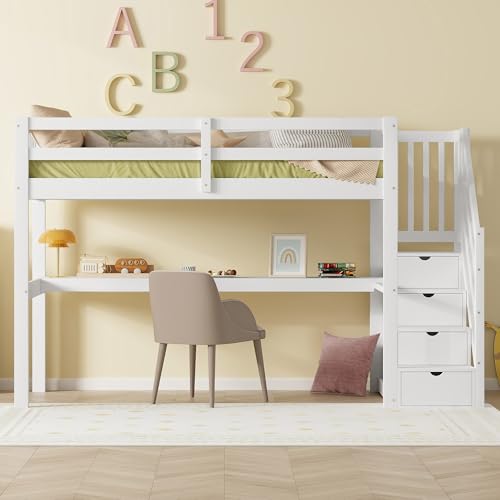 Oxtao Hochbett 90x 200cm Kinderhochbett Kinderbett mit Stauraumschubladen und Unterbettschreibtisch, Platzsparendes Multifunktionsmöbel für Kinderzimmer ohne Matratze (Weiß-90x200CM) von Oxtao