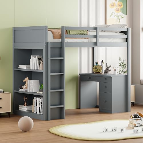 Oxtao Hochbett 90x200, Etagenbett mit Aufbewahrungsschränken und Computertisch, mit vierstufiger Leiter und Hohes Zaundesign, Multifunktionales Hochbett für Kinder aus Holz (Grau-90x200CM) von Oxtao