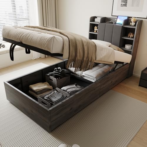 Oxtao Holzbett 90 x 200 cm, hydraulisches Bett, Kopfteil mit Stauraum, ausgestattet mit USB- und Tape-C-Steckdose, Einzelbett, Jugendbett, ohne Matratze (Grau, 90x200CM) von Oxtao