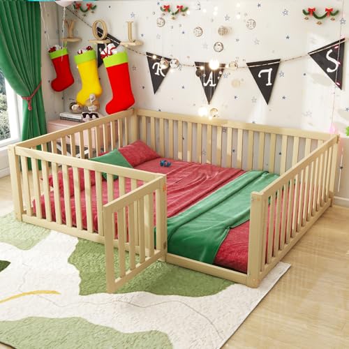 Oxtao Kinderbett 140x200 cm, Montessori Bodenbett mit Tür inkl. Rausfallschutz Zaun, Massivholz Bodenbett Gitterbett Kinder Jugendbett Doppelbett für Jungen & Mädchen (Natüral, 140x200CM) von Oxtao
