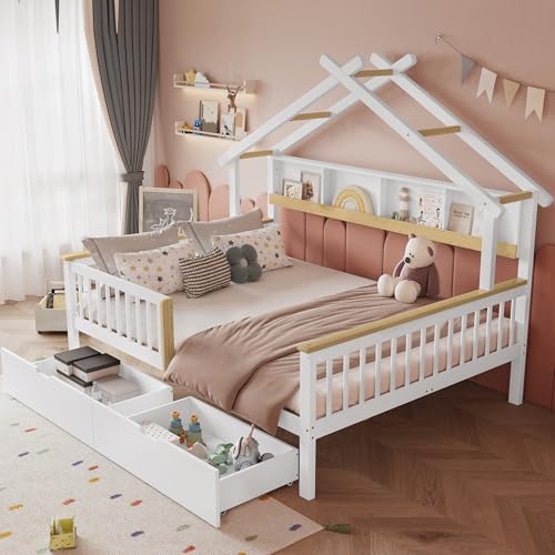 Oxtao Kinderbett 140x200cm, Holzbetten mit Fallschutz und Gitter, Einzigartiges Dachdesign, 2 m Lagerregal, Zwei Schubladen auf Rollen, Flachbetten, Rahmen aus Kiefer, Weiß+Natur Oxtao Kinderbett 140x200cm, Holzbetten mit Fallschutz und Gitter, Einzigartiges Dachdesign, 2 m Lagerregal, Zwei Schubladen auf Rollen, Flachbetten, Rahmen aus Kiefer, Weiß+Natur von Oxtao