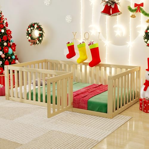 Oxtao Kinderbett 90x200 cm, Montessori Bodenbett mit Tür inkl. Rausfallschutz Zaun, Massivholz Bodenbett Gitterbett Kinder Jugendbett Einzelbett für Jungen & Mädchen (Natüral, 90x200CM) von Oxtao