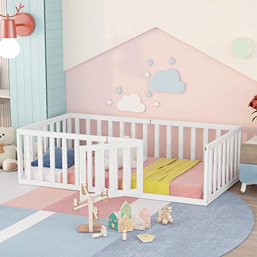 Oxtao Kinderbett 90x200 cm, Montessori Bodenbett mit Tür inkl. Rausfallschutz Zaun, Massivholz Bodenbett Gitterbett Kinder Jugendbett Einzelbett für Jungen & Mädchen (Weiß, 90x200CM) von Oxtao