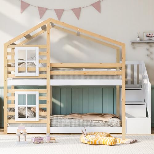 Oxtao Kinderbett Baumhaus 90 x 200 cm, Hochbett mit Holz Lattenrost, Holzbett mit Schublade und Fenster, Baumhaus Bett mit Rausfallschutz und Treppe, Hausbett für 2 Kinder (Weiß+Natur, 90x200CM) von Oxtao