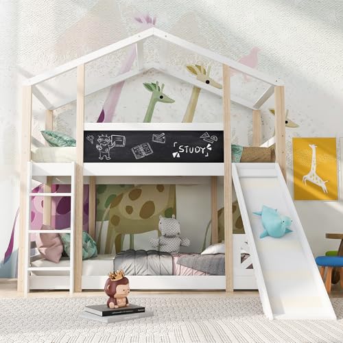 Oxtao Kinderbett Baumhaus 90 x 200cm, Hochbett mit Lattenrost und Rutsche & Leiter, Baumhaus Bett mit Rausfallschutz, Hausbett für 2 Kinder, Holzbett, Ohne Matratze(Weiß+Natur-C, 90x200CM) von Oxtao