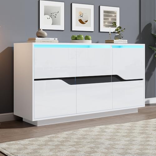 Oxtao Kommode, Hochglanz Sideboard mit 3 Türen, LED Beleuchtung, vielseitig einsetzbar Kommode mit verstellbaren Trennwänden, Geeignet für Flure, Wohnzimmer 140x40x84cm, Weiß von Oxtao