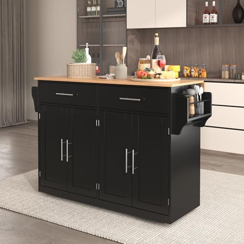 Oxtao Kücheninsel 120x71x91.5cm, Küchenschrank mit arbeitsplatte mit Klappbarer Tischplatte, mit Rollen und austauschbaren Holzbeinen, Kitchen Island Freistehend, für Küche und Esszimmer (Schwarz) von Oxtao