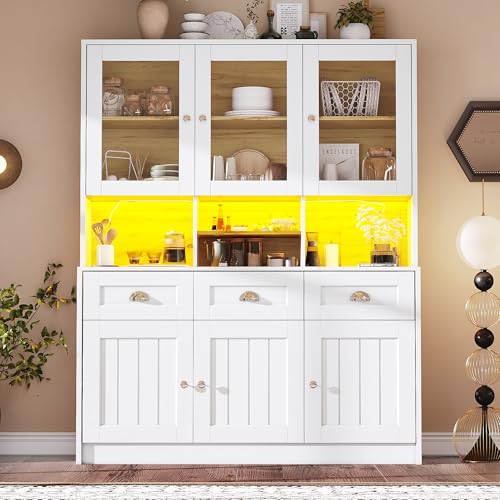 Oxtao Küchenschrank 140×40×175cm, Sideboard mit LED-Beleuchtung,Variable Lichtfarben, Buffetschrank mit Verstellbaren Ablagen, Hochschrank Küchenbuffet, Vitrinenschrank(Weiß-A) von Oxtao