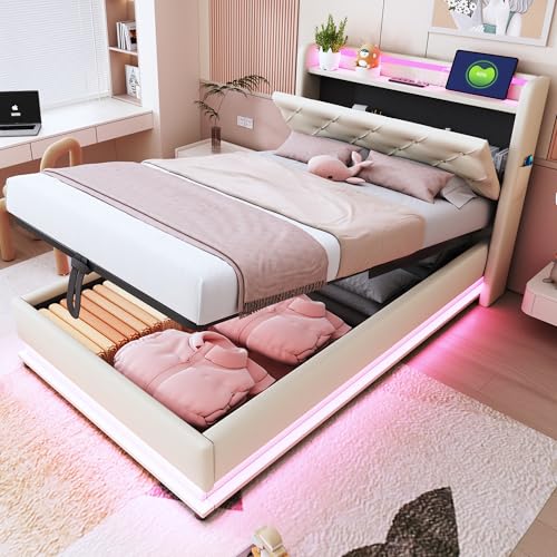 Oxtao LED-Polsterbett 90X200 cm, Bett mit Großer Stauraum & Lattenrost, Bettgestell Metall Boxspringbett, Polster Kopfteil mit Regal und USB-Ladeanschluss, Ohne Matratze (Beige, 90x200CM) von Oxtao