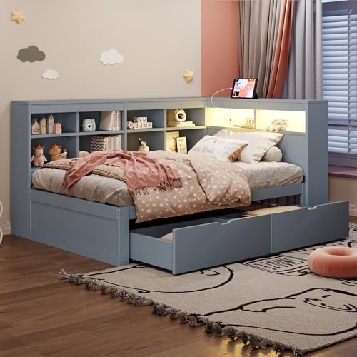 Oxtao Massivholzsofa 90x200, Tagesbett mit 2 Schubladen, USB Steckdose & LED Licht & Regalen & Ablagefächern, Viel Stauraum, Multifunktionales Sofabett Holzbett(Grau mit Schubladen, 90x200CM) von Oxtao