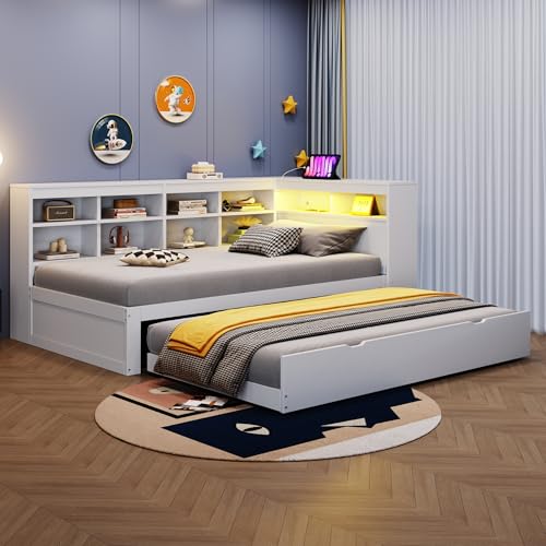 Oxtao Massivholzsofa 90x200CM, Kinder Holzbett mit Ausziehbarem Bett, Sofabett mit USB Steckdose und LED Licht & Regalen & Ablagefächern, Viel Stauraum (Weiß, 90x200CM) von Oxtao