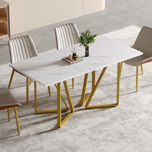 Oxtao Moderner Esstisch mit Marmor-Muster, erweiterbar, mit verstellbaren Fußpolstern, ideal für Esszimmer und Küchen (Weiß+Gold) von Oxtao