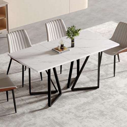 Oxtao Moderner Esstisch mit Marmor-Muster, erweiterbar, mit verstellbaren Fußpolstern, ideal für Esszimmer und Küchen (Weiß+Schwarz) von Oxtao