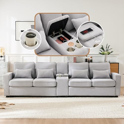Oxtao Modernes 4-Sitzer-Sofa, Getränkehaltern, 2 USB-Anschlüssen zum Aufladen mit Kabel, mit Armlehnentaschen und 4 Kissen, Leinenstoff (Hellgrau mit Getränkehaltern) von Oxtao