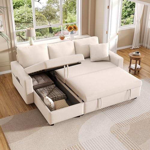 Oxtao Modernes L-förmiges Sofa, modulares Schlafsofa, ausziehbares Schlafsofa mit Schlaffunktion, ausgestattet mit Stauraum, Links und rechts austauschbare Chaiselongue, Leinen (Beige-A) von Oxtao