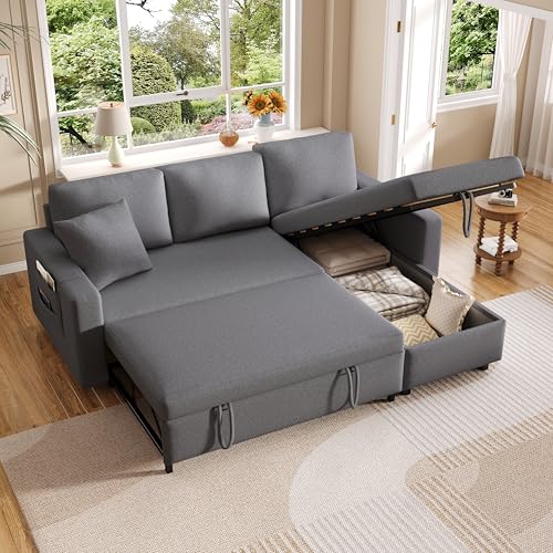 Oxtao Modernes L-förmiges Sofa, modulares Schlafsofa, ausziehbares Schlafsofa mit Schlaffunktion, ausgestattet mit Stauraum, Links und rechts austauschbare Chaiselongue, Leinen (Dark Gray-A) von Oxtao