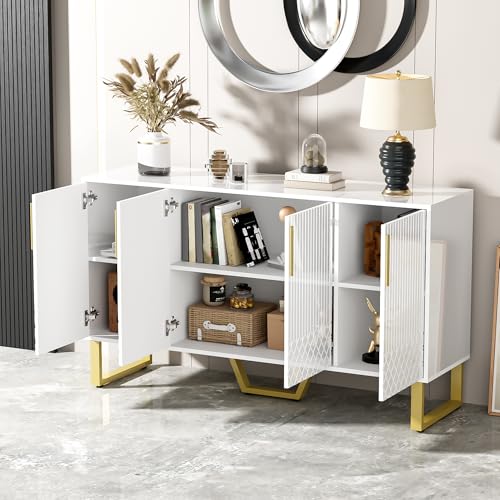 Oxtao Modernes Sideboard mit 4 Türen, großer Stauraum, Hochglanzkommode mit geometrischem Design, mit Griffen und Beinen aus Metall, für Wohnzimmer, Esszimmer, Anrichte Wohnzimmer 140 x 40 x 80 cm von Oxtao