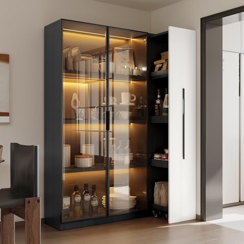 Oxtao Multifunktionsschrank 110.5×35×160cm, Vitrine mit Glastür und LED, Seitenauszug, Rollschrank - Design in Weiß und Schwarz, Hochschrank im modernen Stil, Esszimmerschrank(Schwarz, 110.5x5x160cm) von Oxtao
