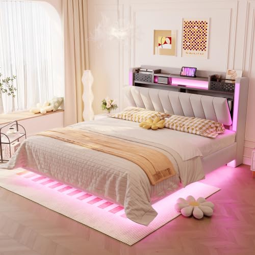 Oxtao Polsterbett 140x200cm, Schwebebett, Doppelbett mit LED-Beleuchtung und USB-Steckdose, Kopfteil mit Stauraum, Jugendbett, Leinenstoff, Ohne Matratze (Beige, 140x200CM) von Oxtao