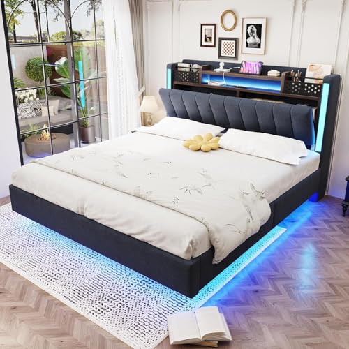 Oxtao Polsterbett 140x200cm, Schwebebett, Doppelbett mit LED-Beleuchtung und USB-Steckdose, Kopfteil mit Stauraum, Jugendbett, Leinenstoff, Ohne Matratze (Grau, 140x200CM) von Oxtao