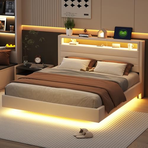 Oxtao Polsterbett 160x200 cm mit LED-Beleuchtung und Aufladen USB, Doppelbett mit Stauraum Kopfteil und Lattenrost, Jugendbett Stauraumbett Bettgestell, Leinen, ohne Matratze (Beige, 160x200CM) von Oxtao