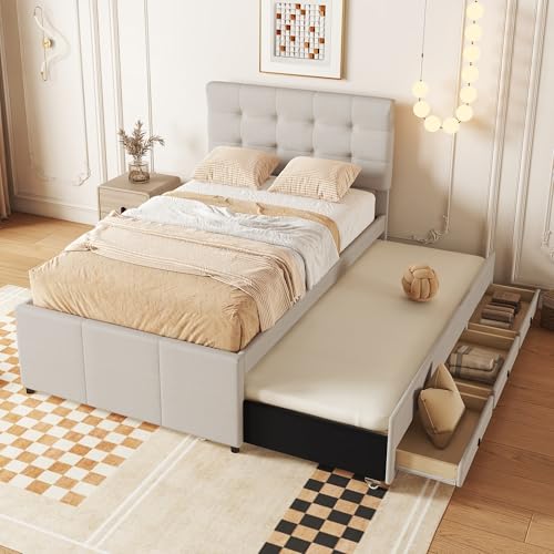 Oxtao Polsterbett 90 * 200cm, Einzelbett mit 3 Schubladen, Bettrahmen mit 90x190 Ausziehbares Bett, Verstellbares Kopfteil, Familienbett, Leinen, ohne Matratze (Beige, 90x200CM) von Oxtao