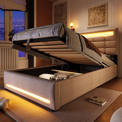 Oxtao Polsterbett 90x200 mit Stauraum - Hydraulisch Stauraumbett, Kopfteil mit LED & USB Ladefunktion, Bettgestell mit Lattenrost(ohne Matratze), Jugendbett Funktionsbett, Leinen (Beige) von Oxtao