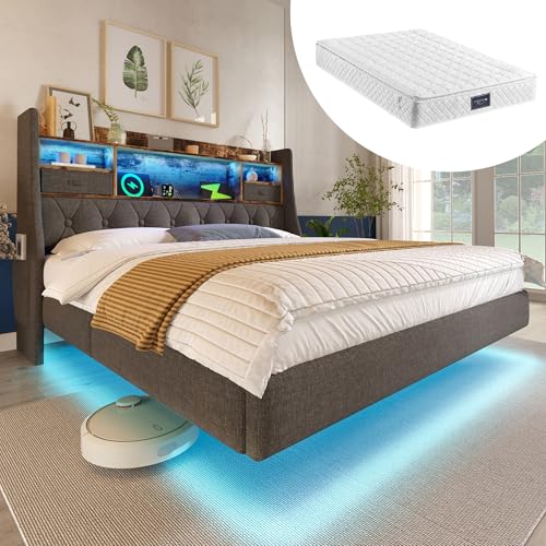 Oxtao Polsterbett 90x200cm, Schwebebett mit LED-Beleuchtung und USB-Ladestation, Modern Einzelbett mit Stauraum-Kopfteil und lattenrost, Leinen, Grau (Grau-Mit Matratze, 140x200CM) von Oxtao