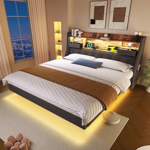 Oxtao Polsterbett 90x200cm, Schwebebett mit LED-Beleuchtung und USB-Ladestation, Modern Einzelbett mit Stauraum-Kopfteil und lattenrost, Leinen, Grau (Grau-Ohne Matratze, 140x200CM) von Oxtao