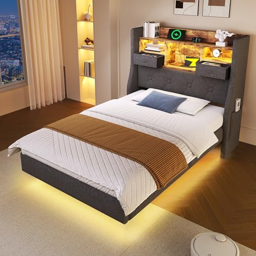 Oxtao Polsterbett 90x200cm, Schwebebett mit LED-Beleuchtung und USB-Ladestation, Modern Einzelbett mit Stauraum-Kopfteil und lattenrost, Leinen, Grau (Grau-Ohne Matratze, 90x200CM) von Oxtao