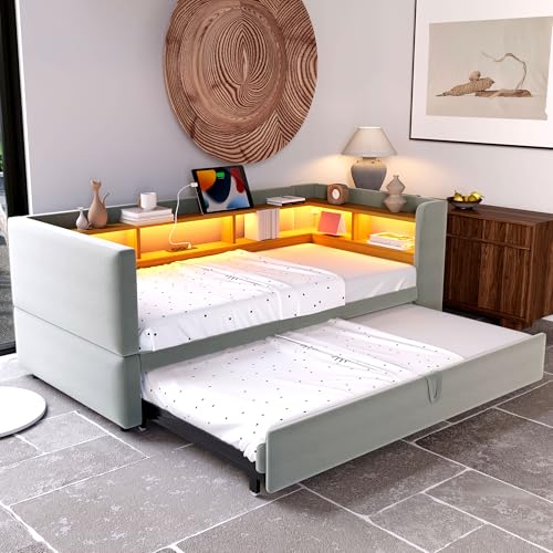 Oxtao Polsterbett Ausziehbares Schlafsofa 90/180 x 190 cm, Einzelbett mit LED USB Steckdosen, Daybett mit Vielen Ablagefächern, Flanell, ohne Matratze (Hellgrau) von Oxtao
