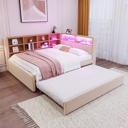 Oxtao Polsterbett Daybett 140x200cm, Schlafsofa mit Ausziehbett, Doppelbett mit LED Leuchten, Steckdosen und Ablagefächern, Multifunktionsschlafsofa, Bettgestell, Flanell (Beige, 140x200CM) von Oxtao