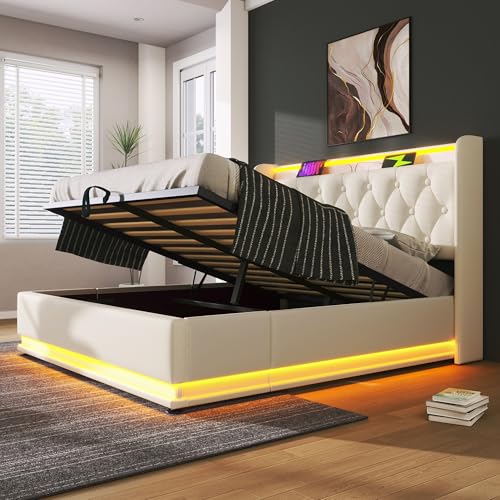 Oxtao Polsterbett Doppelbett 140x200CM, LED Hydraulisch Stauraumbett Funktionsbett mit Stauraum und Lattenrost, Kopfteil mit USB Typ-C Ladefunktion, PU, Ohne Matratze (Weiß, Ohne Matratze, 140x200CM) von Oxtao