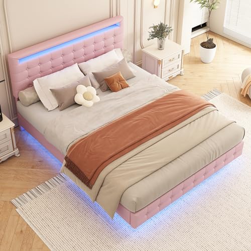 Oxtao Polsterbett mit LED Beleuchtung 140 x 200 cm, Doppelbett mit verstellbarem Kopfteil, Jugendbett Bettgestell, Kunstleder, Ohne Matratze (Rosa) von Oxtao