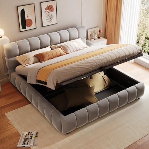 Polsterbett 140 x 200 cm, Kopfteil und Bettseiten mit voluminöser, Solider Formgebung, Ausgestattet mit hydraulischer Staufunktion, Matratze Eingebettet, Doppelbett, Samtstoff (Grau A, 140x200CM) von Oxtao