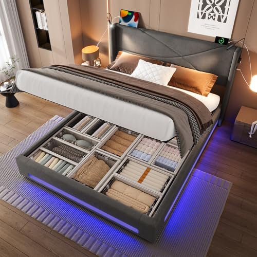Polsterbett 140x200, Bettgestell im modernen Design, Doppelbett mit 2 Leselichtern, LED-Lichtleisten und USB-Anschlüssen, Hydraulischem Stauraum, stabiler Lattenrostkonstruktion (Grau, 140x200CM) von Oxtao