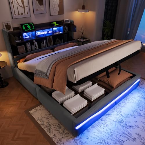 Polsterbett 160x200cm, Doppelbett mit LED-Leuch und UsB c steckdose Ladefunktion, Hydraulisch Stauraumbett, ferngesteuerte Ambiente-Lichtleiste unter dem Bett, Kopfteil mit Staufach (Grau, 160x200CM) von Oxtao