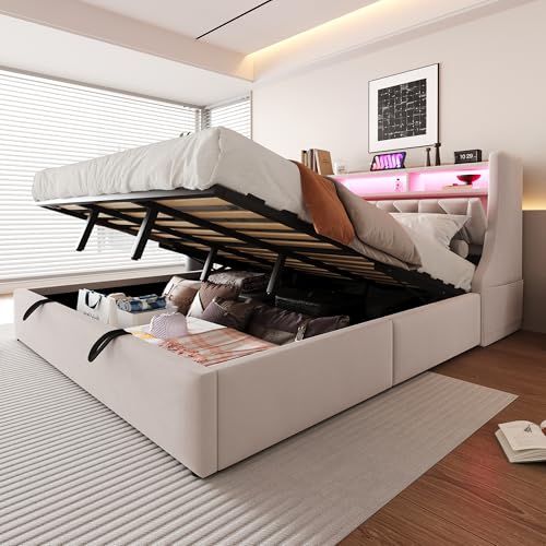 Polsterbett 180x200, Doppelbett mit LED-Beleuchtung und USB-Steckdose, mit Hydraulischem Stauraum, umklappbares Polsterkopfteil mit Stauraum, Verbreiterte Bettbeine, Samtstoff (Beige, 180x200CM) von Oxtao