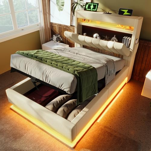 Polsterbett 90x200 Einzelbett, Stauraum-Kopfteil mit USB- und Typ-C-Anschlüssen, LED-Beleuchtung am Kopf- und Fußende des Bettes, mit Hydraulischem Stauraum, Leinen (Beige, Ohne Matratze, 90x200CM) von Oxtao