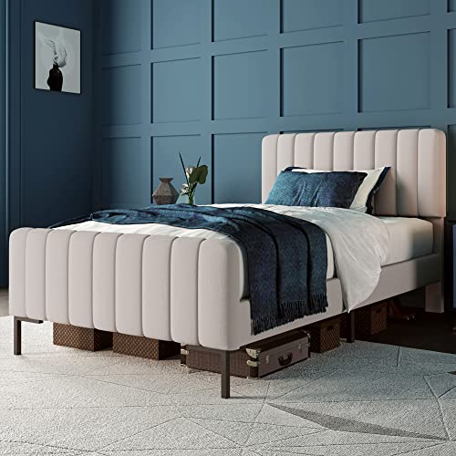 Polsterbett Einzelbett 90x200 Bett mit Lattenrost und Bettgestell, Stauraumbett mit Verstellbares Kopfteil und Rückenlehne, Für Schlafzimmer Gästezimmer Leinen (Grau-Beige, Ohne Matratze, 90x200CM) von Oxtao