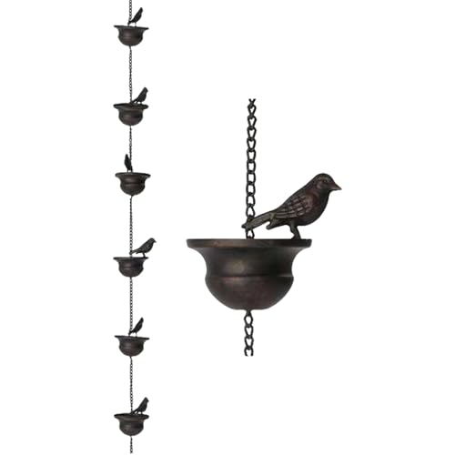 Oxtxuzdm Cottagecore Eisen-Regenkette mit dekorativem Kolibri- und Tassen-Design für Gartenrinnen-Drainage, Wasserfänger, Outdoor-Dekorationen, schwarze Eisen-Regenkette für Gartendekorationen von Oxtxuzdm