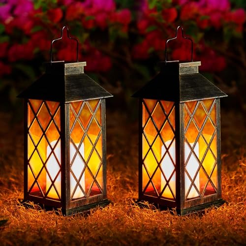 Laternen für Draußen, OxyLED Solarlampen für Außen 2 Stück IP44 Wasserdicht Metall Solarlaterne für Außen mit Flacker Effekt Kerzen Balkon Deko Vintage Hängend für Patio Terrasse Wand Tisch von OxyLED