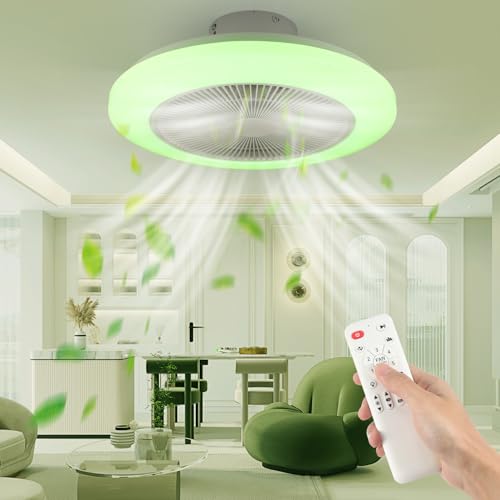 Deckenleuchte Deckenventilator mit Beleuchtung Licht Fernbedienung, LED RGB Farbwechsel, Kaltweiß, Neutralweiß, Warmweiß, Leise Deckenleuchte mit Ventilator,Dimmbar Musik Bluetooth, Ø50cm (Stil 1) von Oyajia