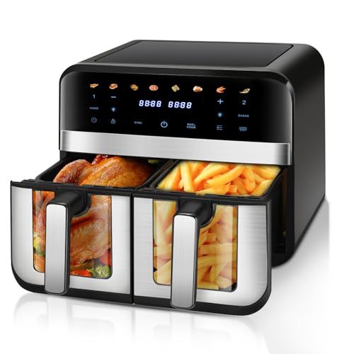 Dual Zone Heißluftfritteuse mit Sichtfenster, 9L (4.5L+ 4.5L) XL 2400W Kapazität Doppel Airfryer, 8 Programmen, Air Fryer mit Touchscreen, Smart und Timer-Funktion, Gesunde Friteuse ohne Öl von Oyajia