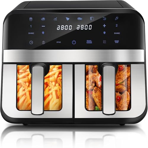 Dual Zone Heißluftfritteuse mit Sichtfenster, 9L XL Kapazität Doppel-Airfryer, 2 Schubladen, 8-in-1 Kochvorgaben, Touchscreen, Smart und Timer-Funktion, Gesunde Friteuse ohne Öl und fettarmes Kochen. Dual Zone Heißluftfritteuse mit Sichtfenster, 9L XL Kapazität Doppel-Airfryer, 2 Schubladen, 8-in-1 Kochvorgaben, Touchscreen, Smart und Timer-Funktion, Gesunde Friteuse ohne Öl und fettarmes Kochen. von Oyajia