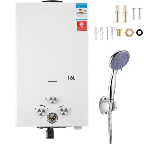 Gas Durchlauferhitzer 16Liter Outdoor Tragbarer Gas-Wassererhitzer Propan-Durchlauferhitzer mit Digitalanzeige, mit Galvanisierter Duschkopf, Mehrfachschutz für Campingausflüge Bootshaus (16L 32KW) von Oyajia