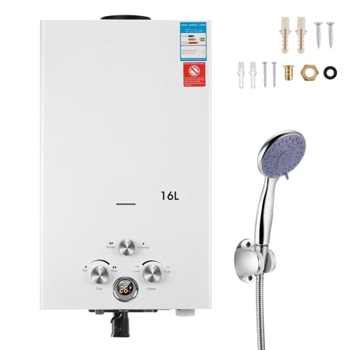 Gas Durchlauferhitzer 8Liter Outdoor Tragbarer Gas-Wassererhitzer Propan-Durchlauferhitzer mit Digitalanzeige, mit Galvanisierter Duschkopf, Mehrfachschutz für Campingausflüge Bootshaus (8L 16KW) von Oyajia