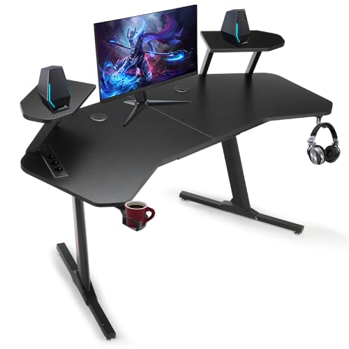 Oyajia 160x60cm Gaming Tisch, Gaming Schreibtisch mit 2 USB-Ladeanschluss, PC Tisch Gaming mit 2 Monitorständer, Computertisch für Gaming mit Kopfhörerhaken und Getränkehalter von Oyajia