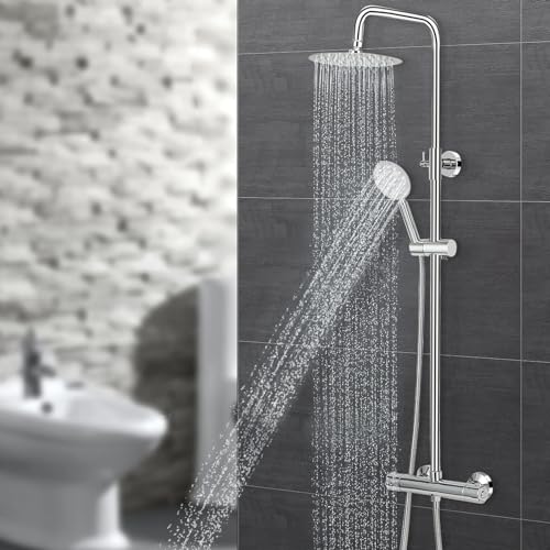 Edelstahl Duschsystem mit Thermostat, Duscharmatur Komplettset mit 23cm Rund Regendusche Duschkopf, 2 Strahlarten Duschkopf, 95-125 cm Höhenverstellbar, Regendusche mit Armatur, Duschset von Oyajia